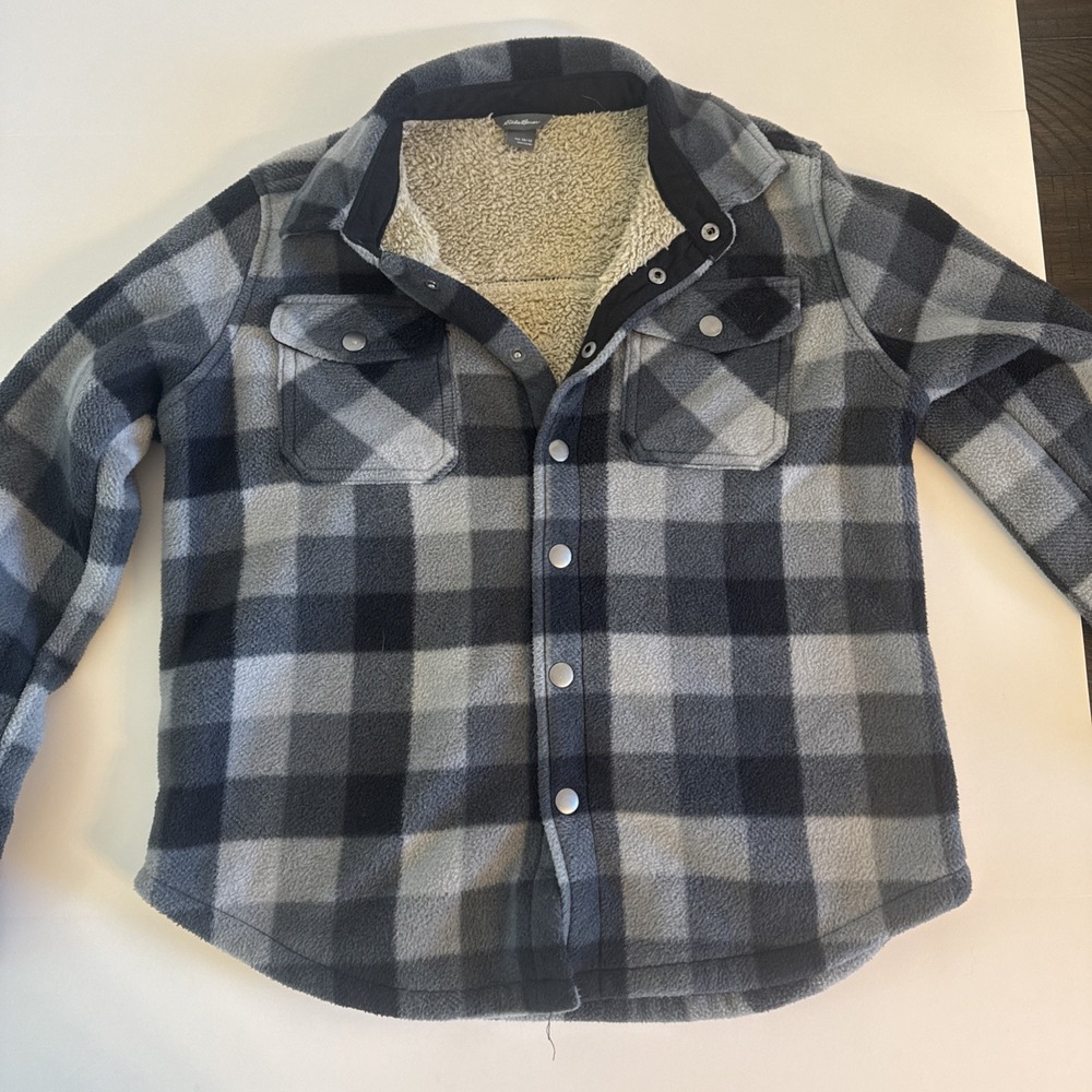 Eddie Bauer Flannel Jacket Youth 10/12 Black Gray Sherpa‎ Plaid Shacket Outdoor